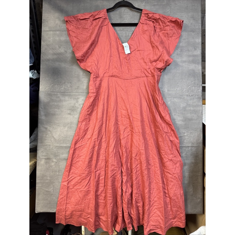 NWT Ann Taylor Linen Blend Coral Pink Midi Dress V Neck Flutter Sleeves 16p
